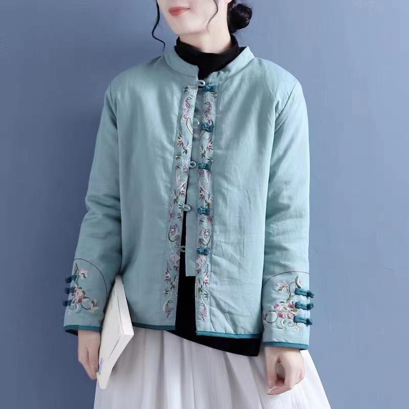 新款捡漏棉麻夹棉外套棉衣女加厚保暖宽松中国风绣花亚麻棉服外套