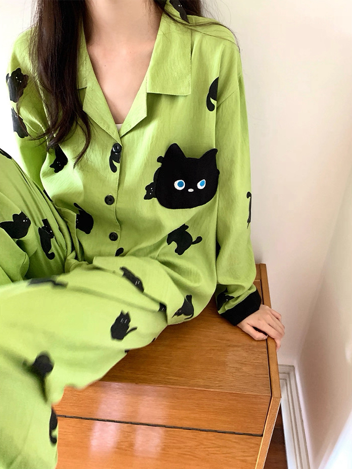 秋冬睡衣女舒适可爱宽松长袖高级感小黑猫春秋可爱家居服套装ins