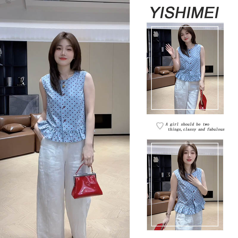 2025年女夏季新款爆款高级感百搭波点圆领无袖上衣休闲阔腿裤套装