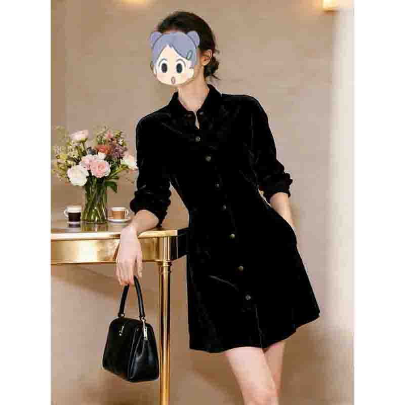 巨好看的初春高知得体赫本风气质收腰内搭黑色丝绒衬衫连衣裙子女