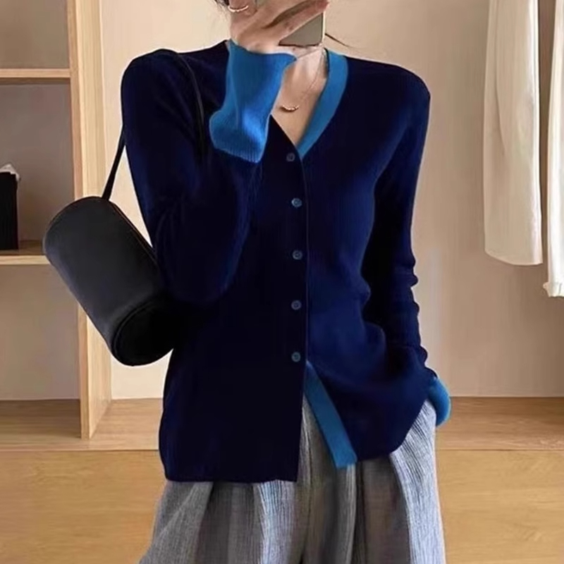 假两件撞色针织开衫女春秋款韩版宽松显瘦遮肉减龄长袖打底衫内搭