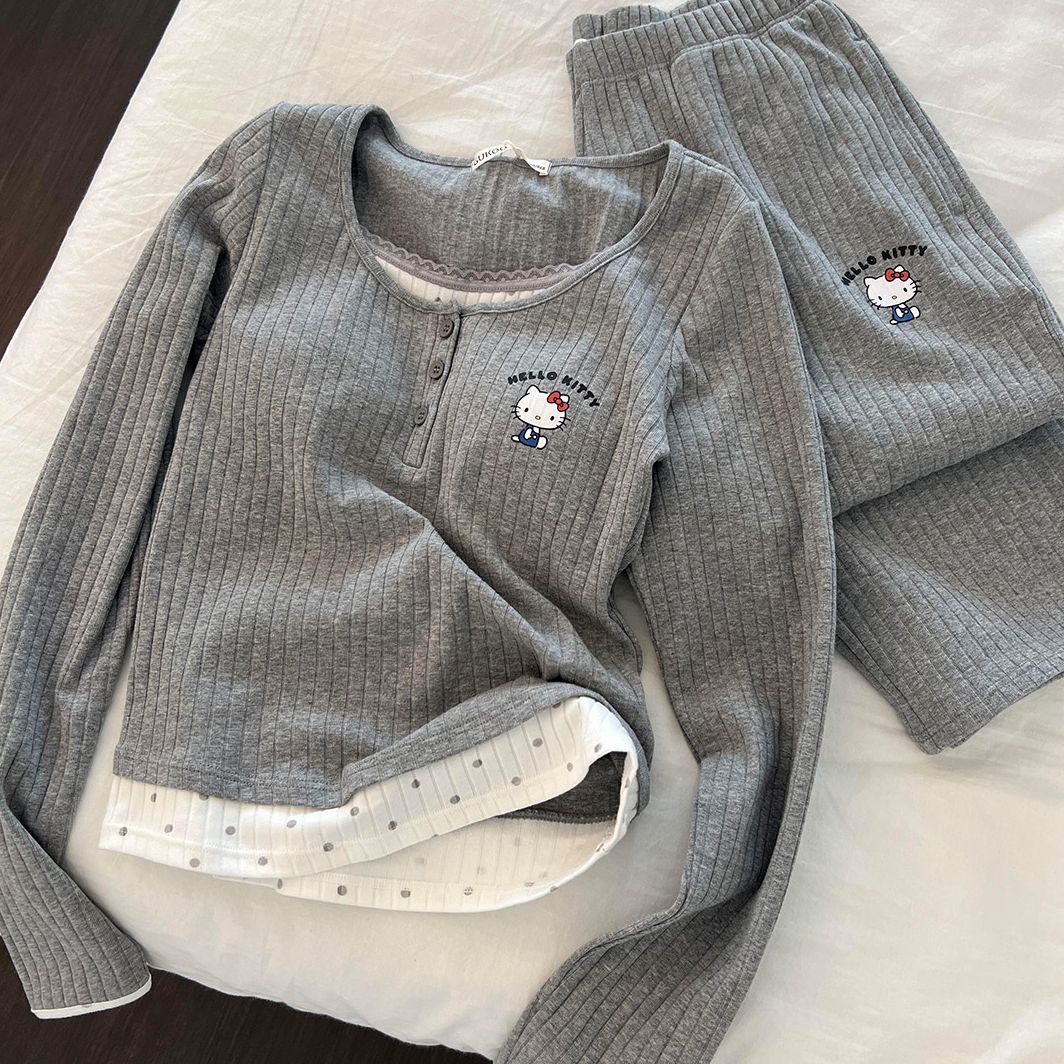 韩版撞色假两件带胸垫坑条长袖睡衣女春秋款HelloKitty家居服套装