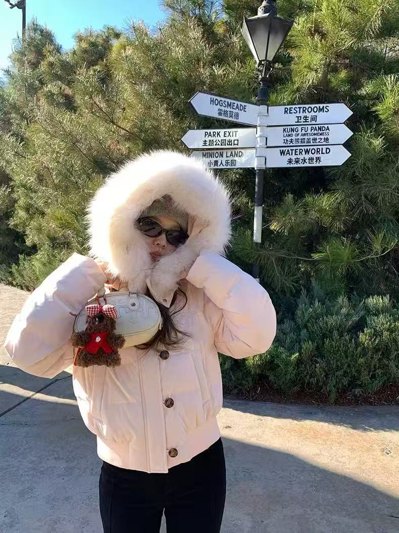 2025冬季百搭藏青色浅粉连帽毛领短款棉衣新爆款保暖棉服外套潮流