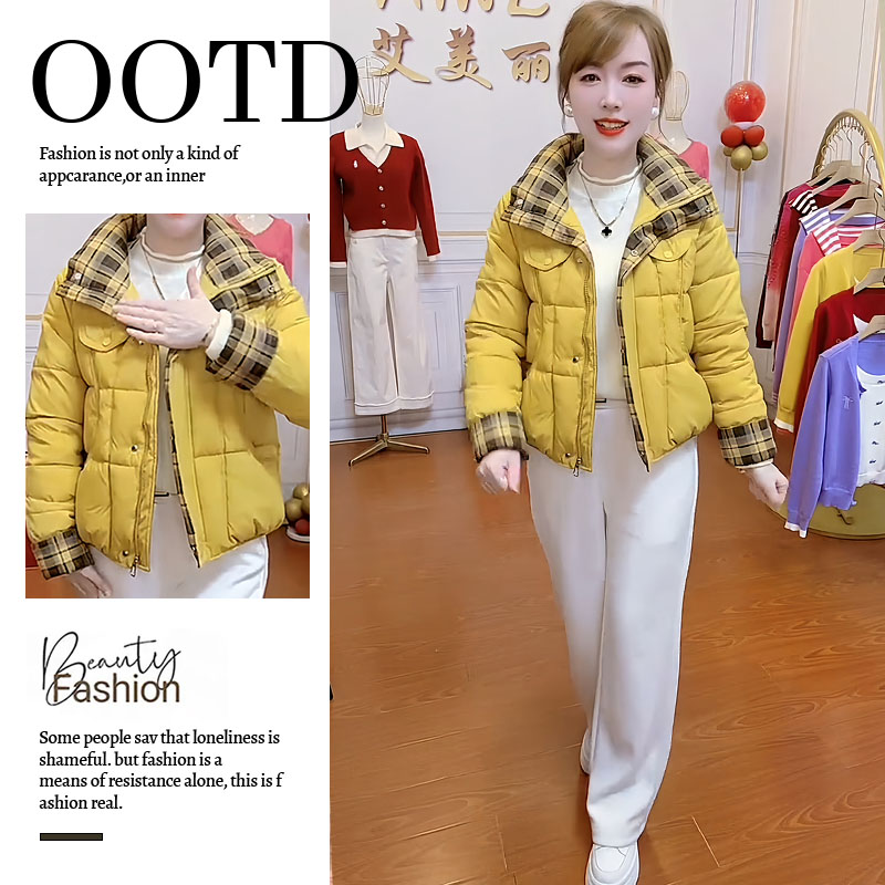 加棉加厚极简风休闲棉服女2025冬季新款复古拼接格子保暖棉袄外套