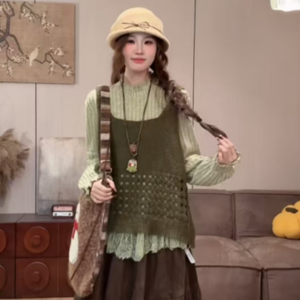 VGVL马甲【华夫格】秋季常规U型领拼接毛衣洋气毛针织衫上衣50176