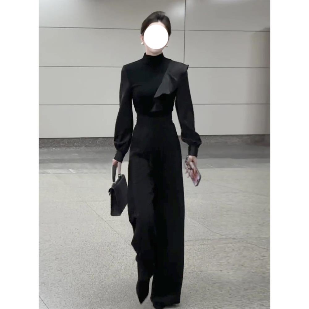 大方得体穿搭一整套女2025新款半高领荷叶边衬衫通勤阔腿西裤套装