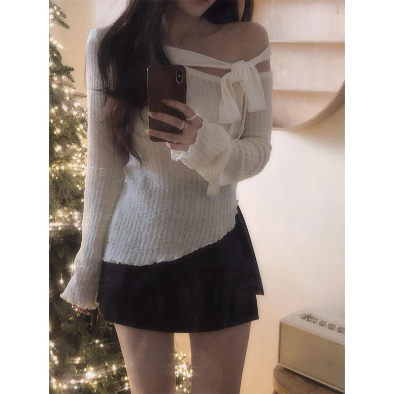 韩里韩气穿搭时尚洋气露肩超好看长袖上衣高腰百搭半身裙套装女