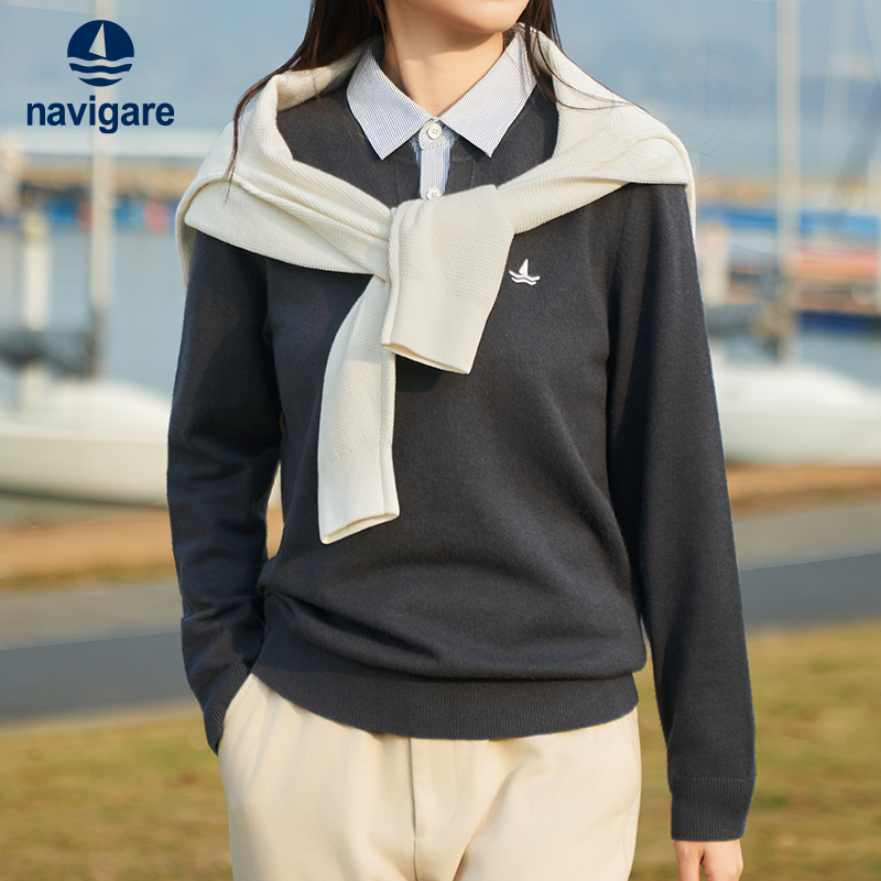[假两件]navigare小帆船衬衫领针织衫男秋冬套头上衣1144015309