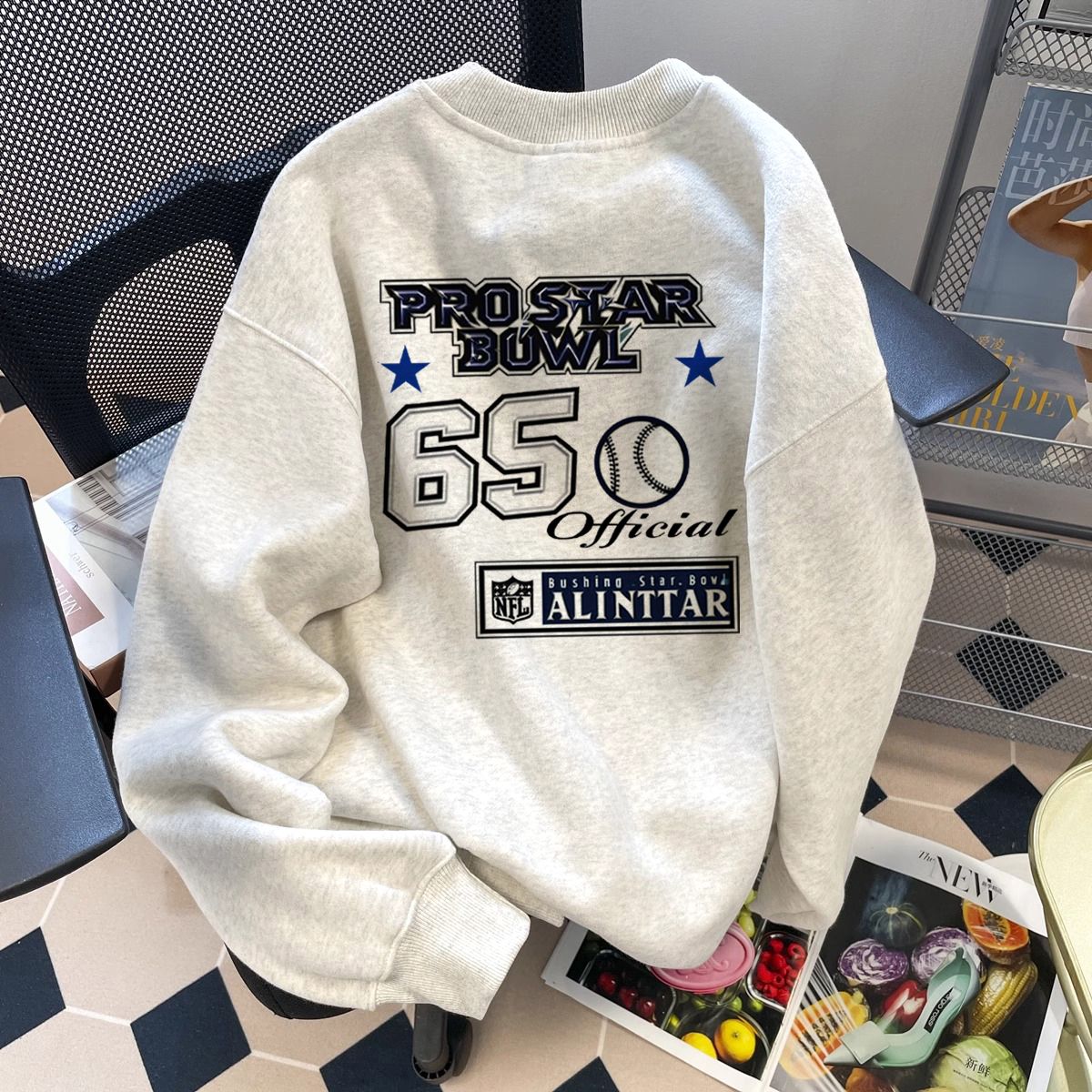 特大码300斤百搭秋冬季宽松印花圆领卫衣男加绒加厚打底休闲上衣