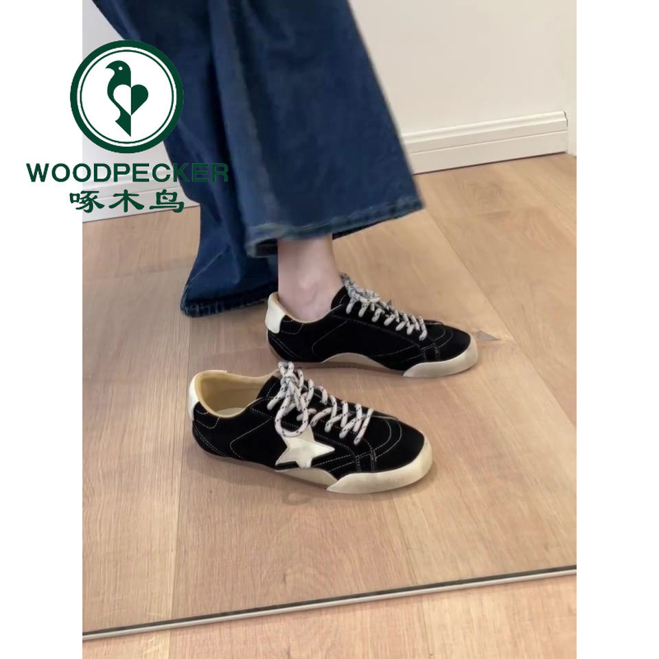 啄木鸟复古德训鞋做旧星星增高鞋女平底黑色软底不累脚休闲运动鞋
