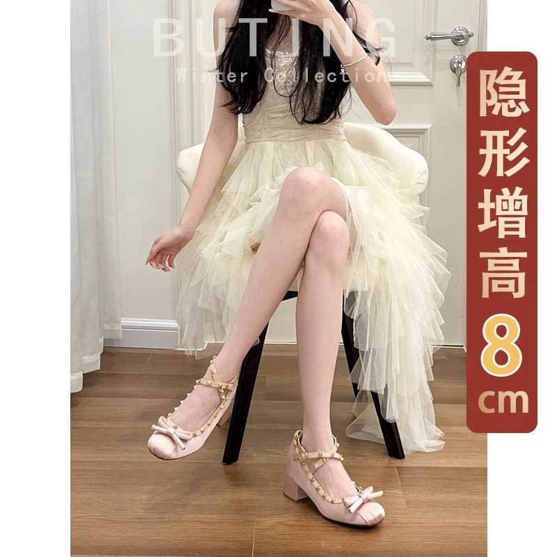 羊皮~小个子8cm蝴蝶结粉色玛丽珍2025夏内增高高跟鞋铆钉粗跟单鞋