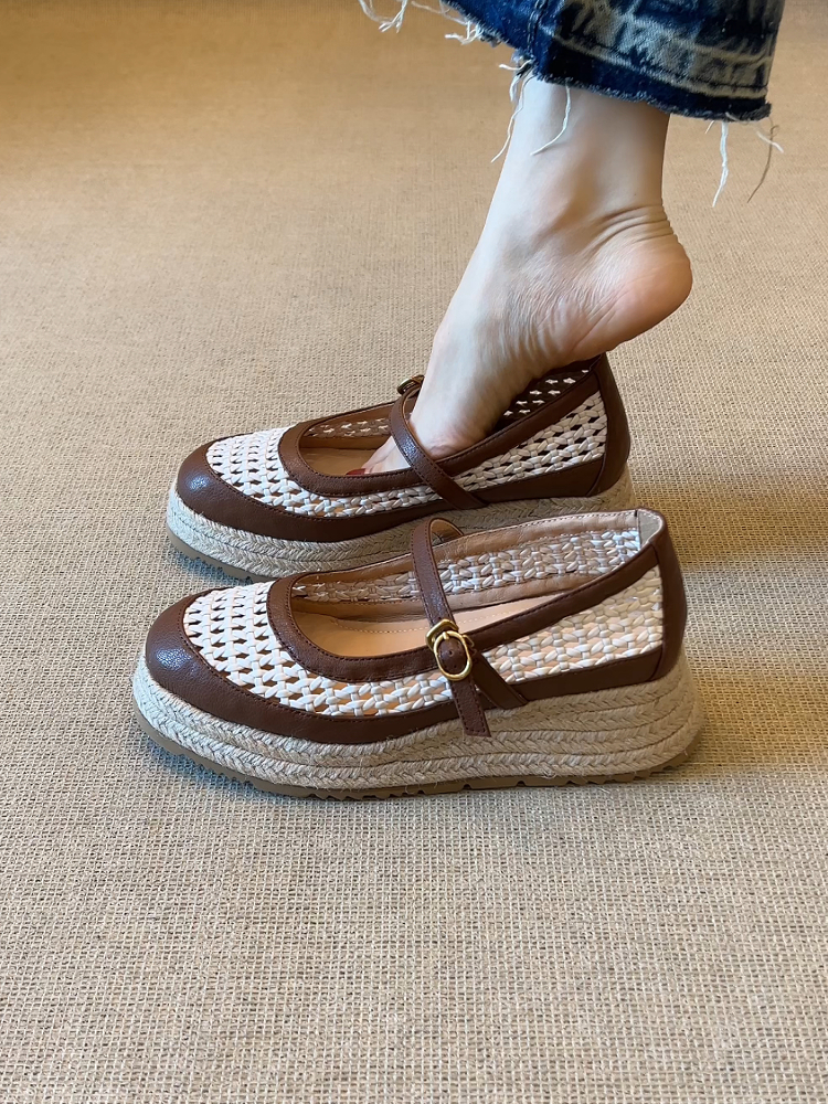 软皮版镂空编织一字带厚底玛丽珍凉鞋女夏季复古亚麻软底浅口单鞋