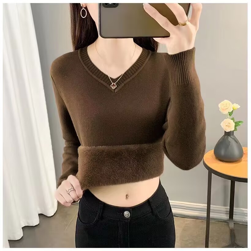 一体绒V领加绒毛衣打底衫女秋冬新款加厚保暖内搭修身针织衫上衣