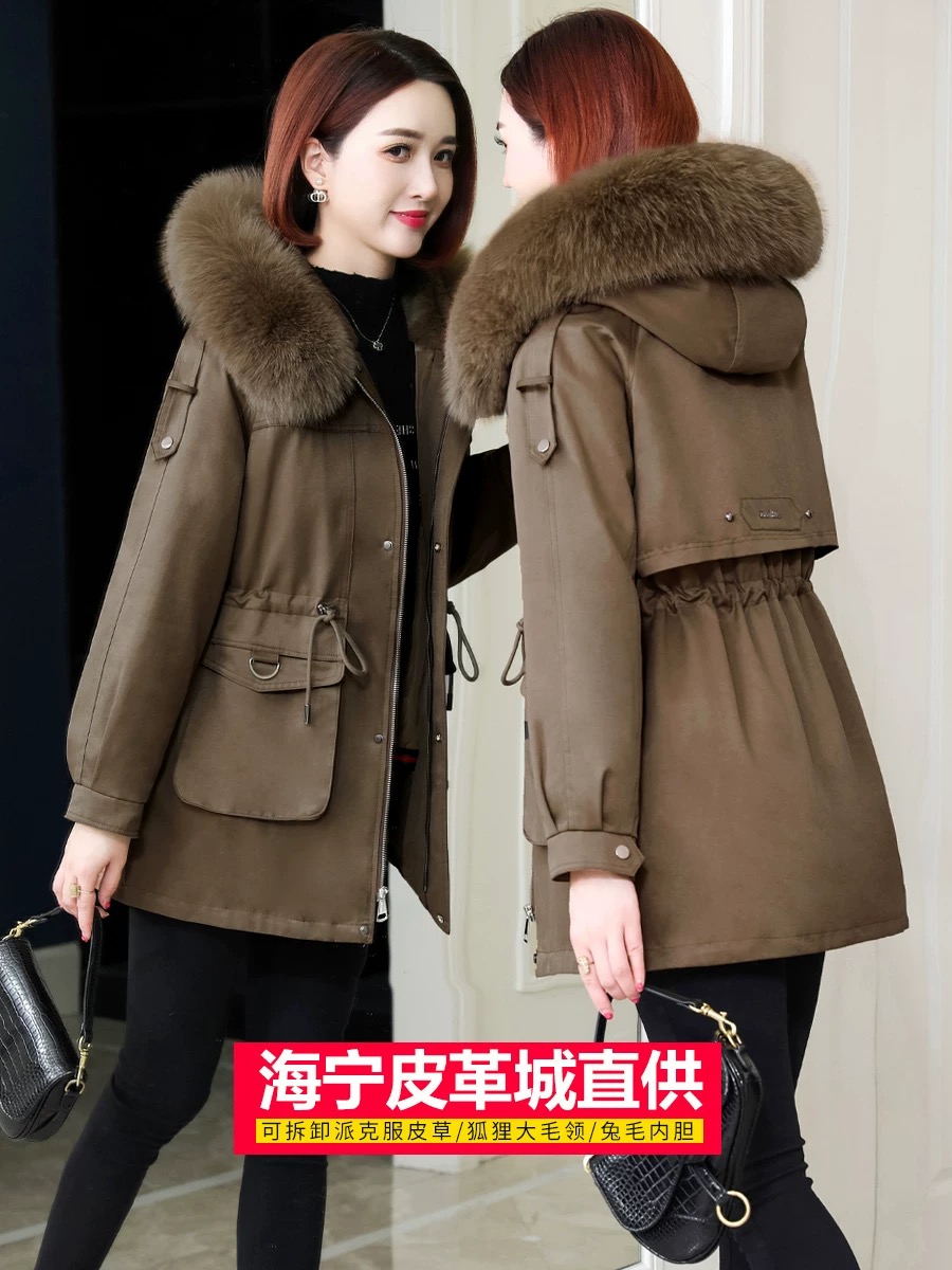 2025冬新女派克服狐狸大毛领兔毛皮内胆可拆卸中长款皮毛一体外套