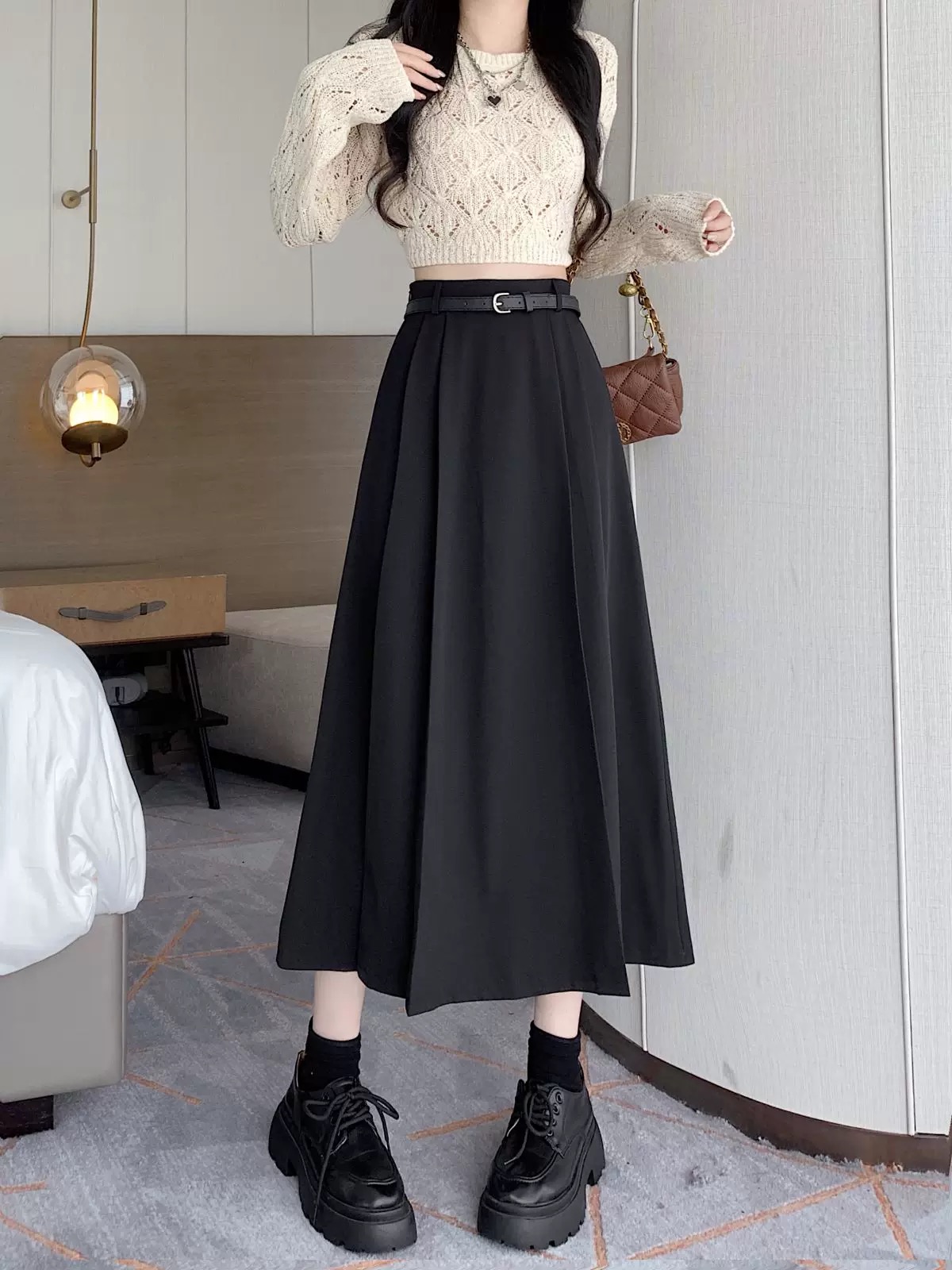 【送腰带】新款西装春夏季百搭高腰时尚A字百褶裙中长款 口袋设计