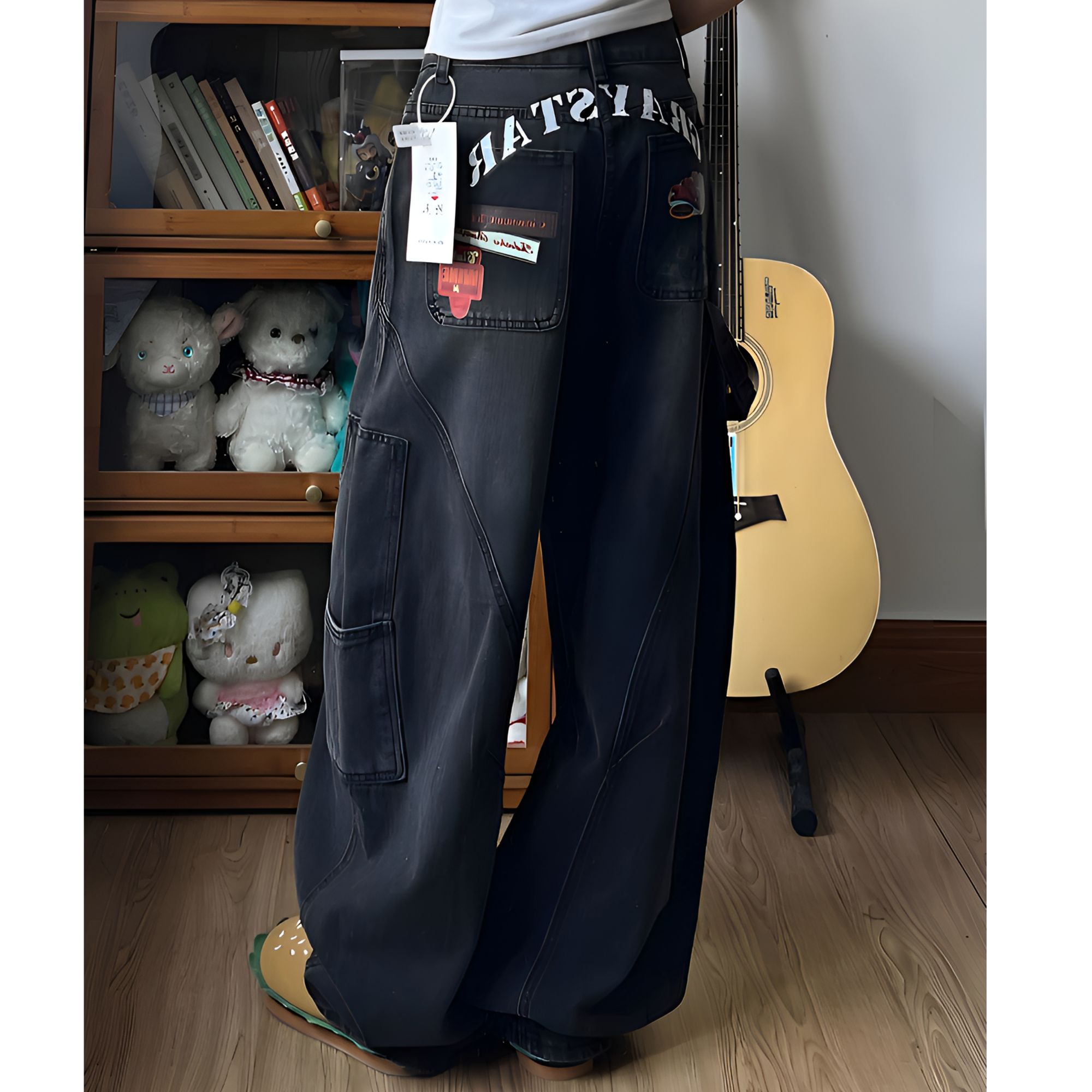 美式高街复古水洗阔腿牛仔裤男女黑色宽松印花新款显瘦拖地弯刀裤