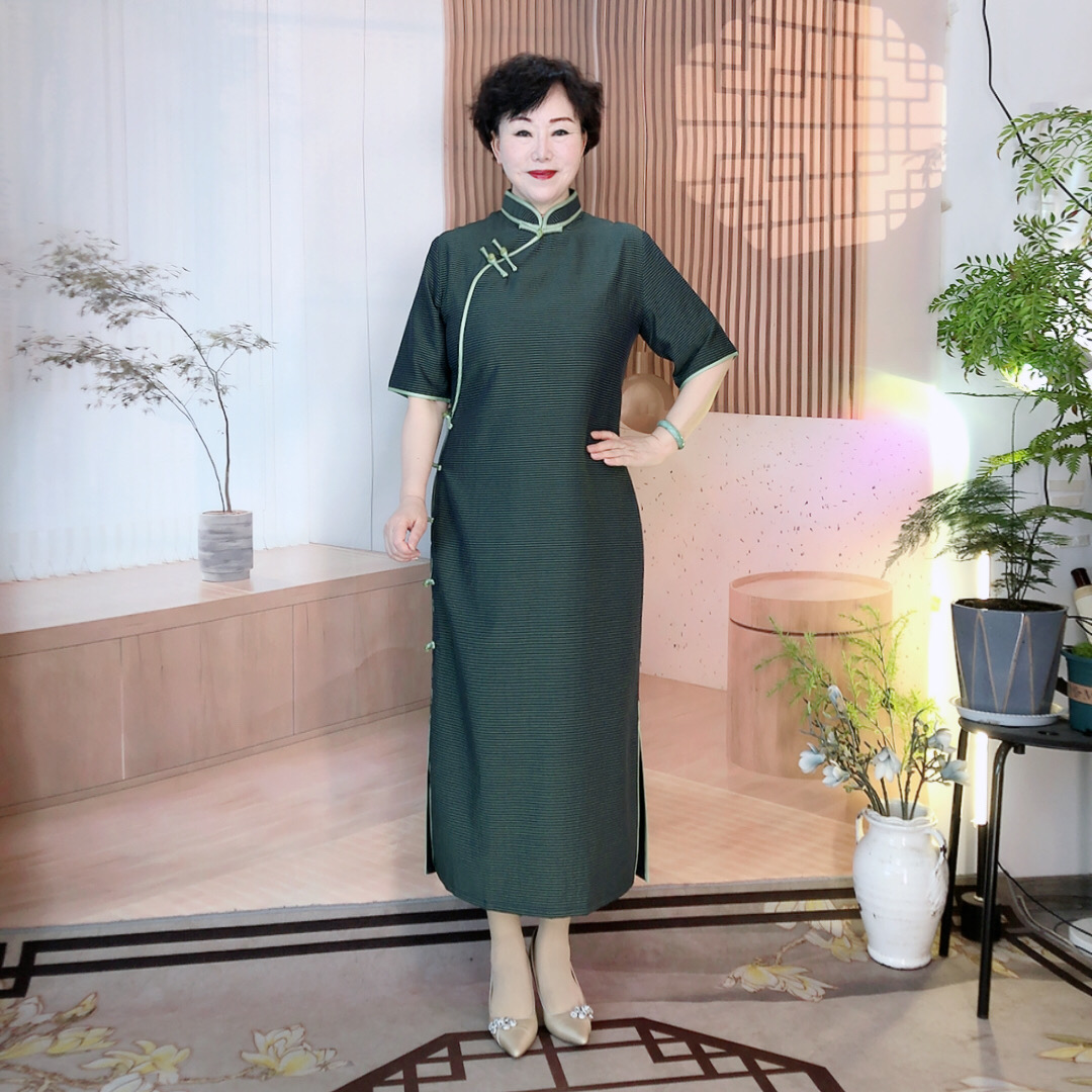 【绿丝青青】大码旗袍夏季新款显瘦气质时尚复古中式长款修身日常