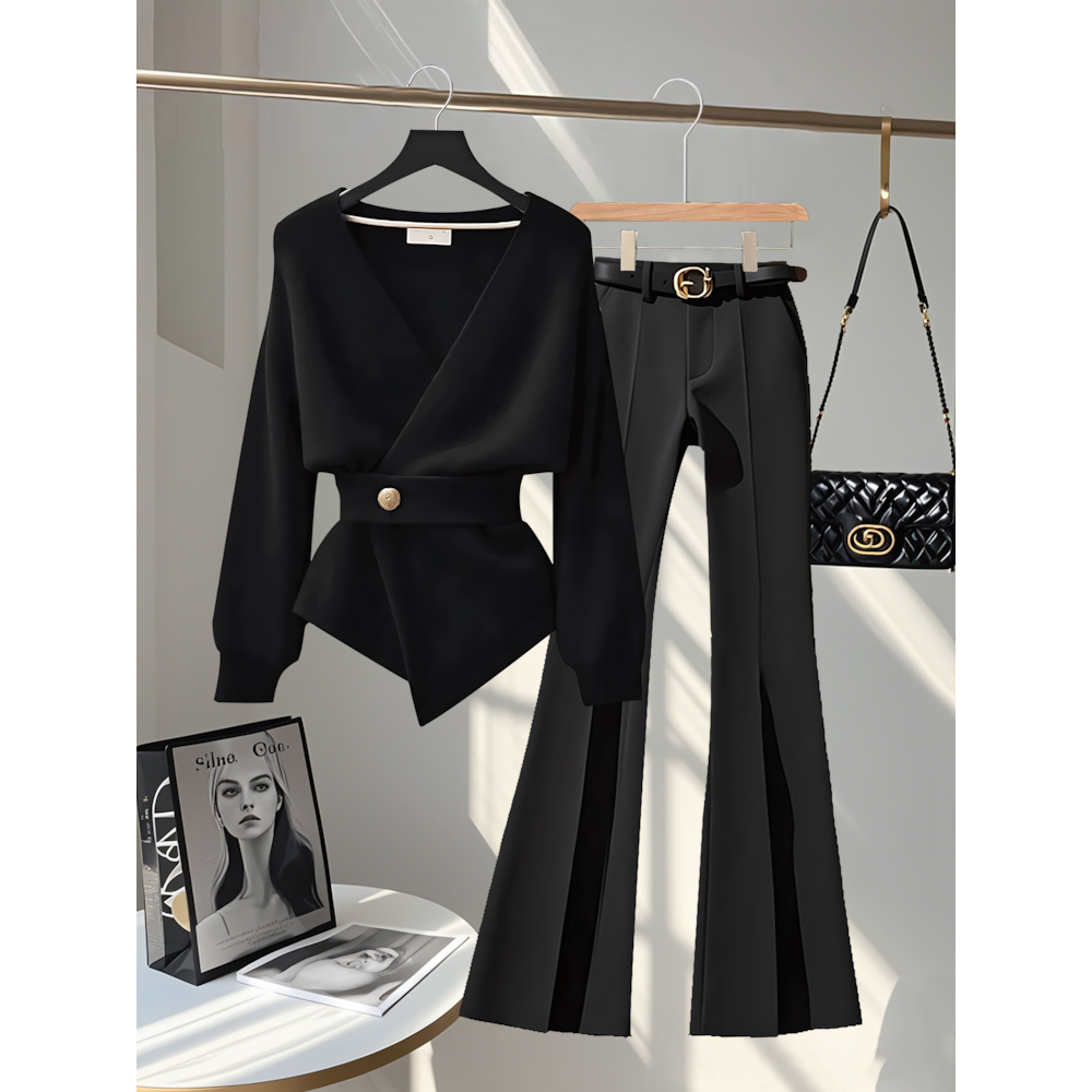 慵懒风收腰软糯毛衣针织衫秋季爆款气质黑色直筒喇叭裤两件套女装