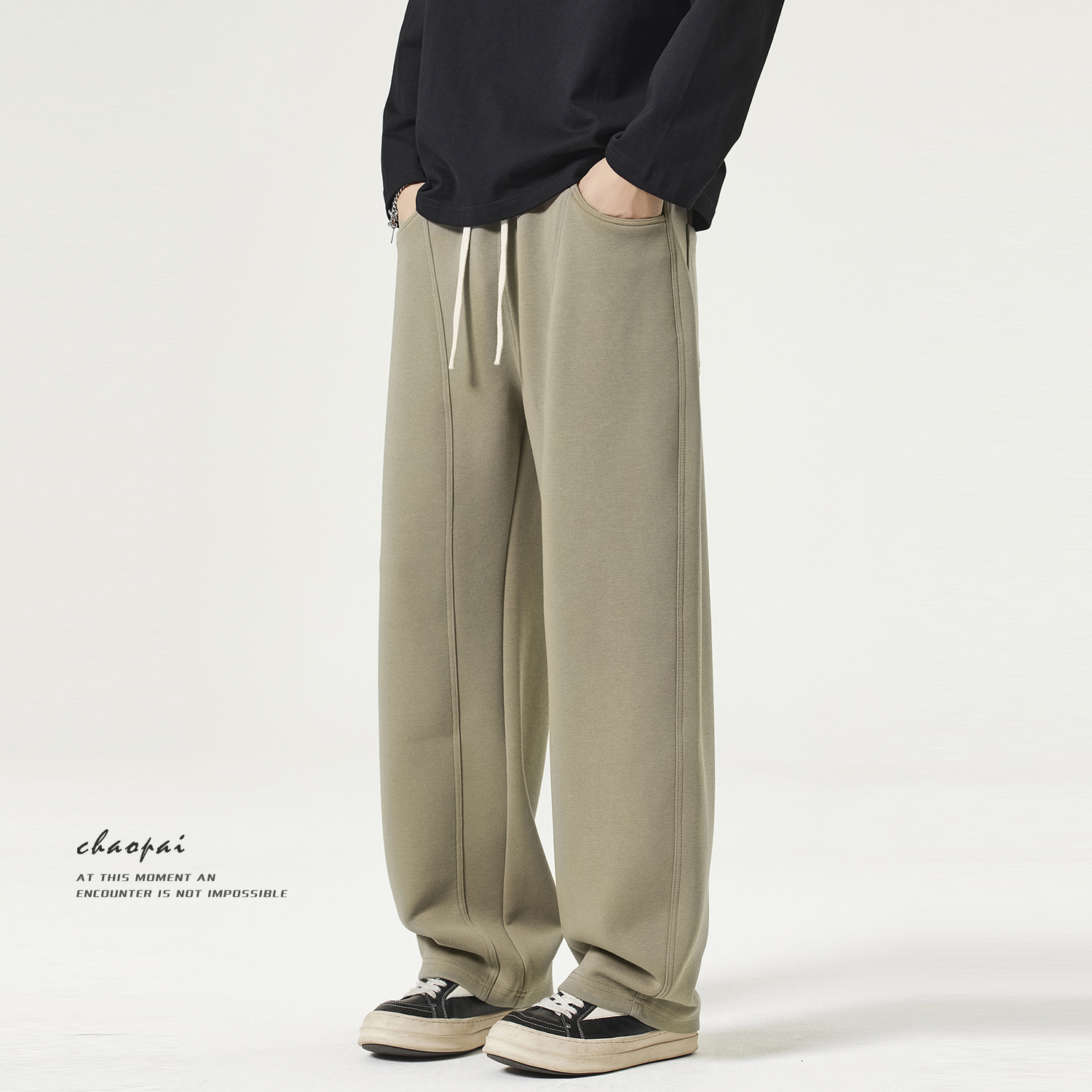 卡其色弯刀裤男秋季重磅直筒运动卫裤男美式休闲抽绳宽松垂感裤子