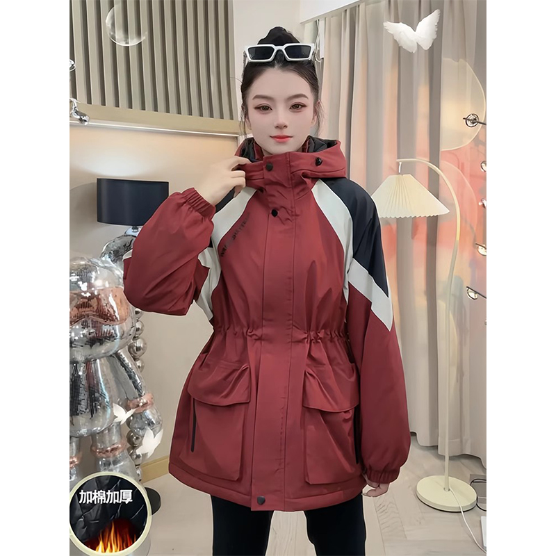 骆驼街头冲锋衣外套女秋冬季新款中长款夹棉风衣宽松爆款连帽上衣