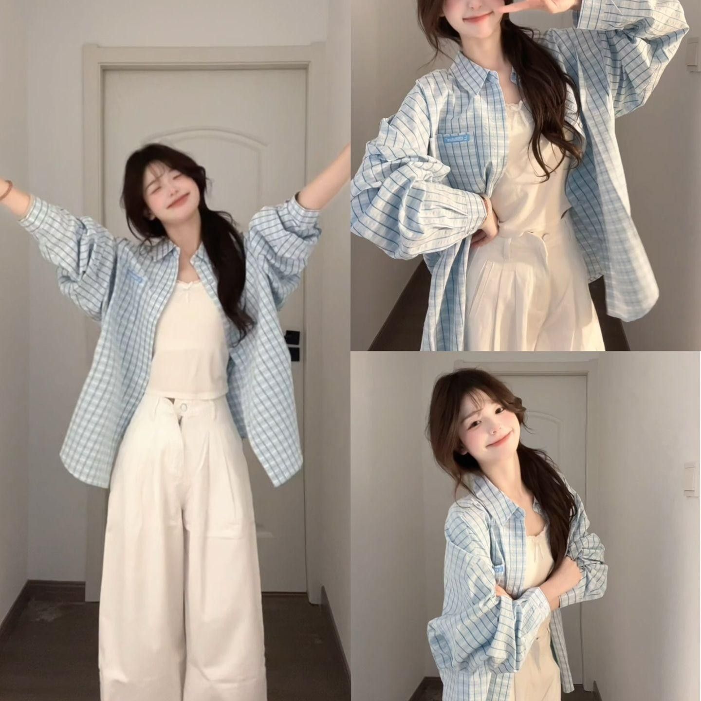 小清新蓝色格子衬衫外套女春秋季慵懒感宽松开衫衬衣潮百搭格子衫