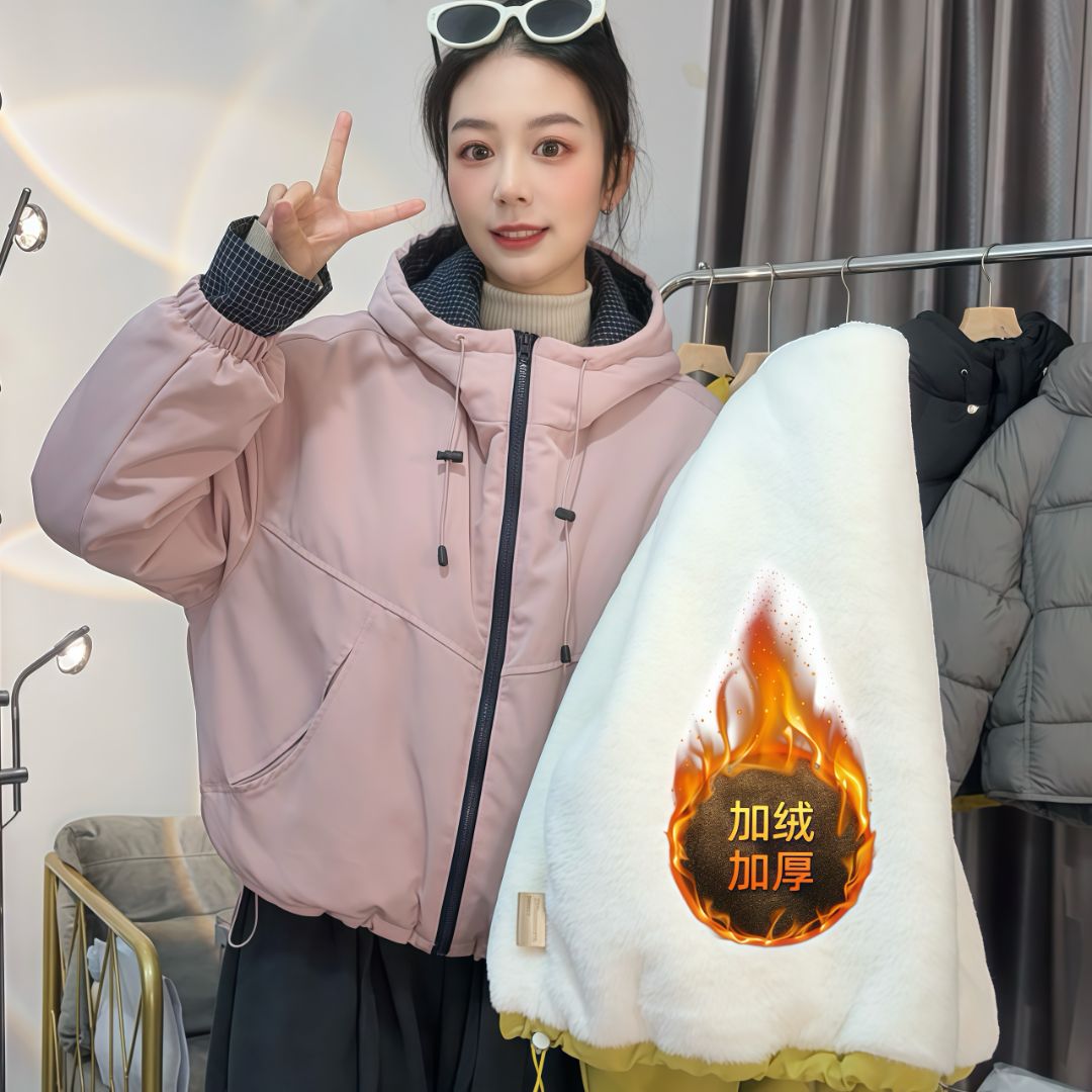 2025连帽格子拼接棉服外套冬季新款休闲百搭时尚棉衣外套T11H-*8