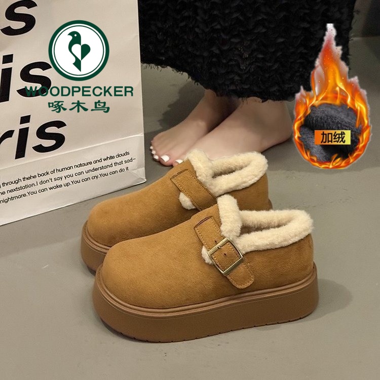 啄木鸟厚底加绒豆豆勃肯鞋女2025冬外穿毛毛面包鞋保暖棉鞋雪地靴