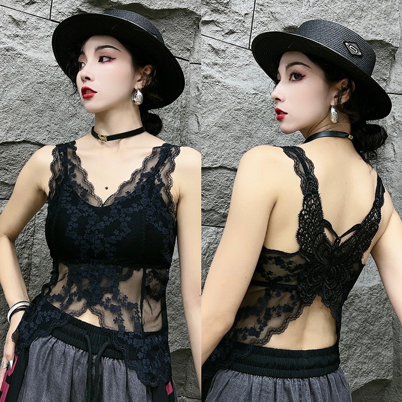 网红爆款蕾丝性感镂空蝴蝶吊带美背内搭打底带胸垫百搭背心防走光