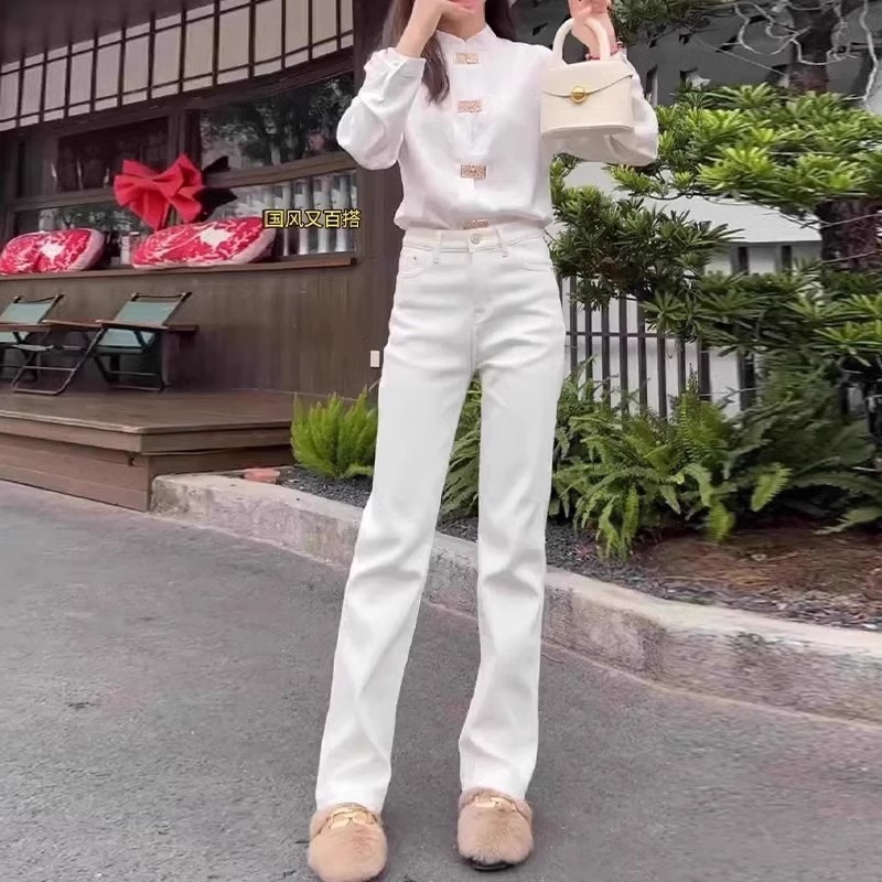 白色窄版牛仔裤女春季2025年新款小个子高腰显瘦直筒拖地裤子夏季