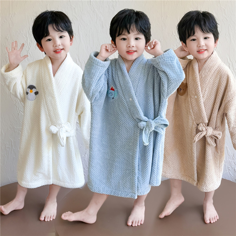 儿童睡袍珊瑚绒宝宝可穿式浴巾连帽睡衣男孩秋冬款男童法兰绒浴袍