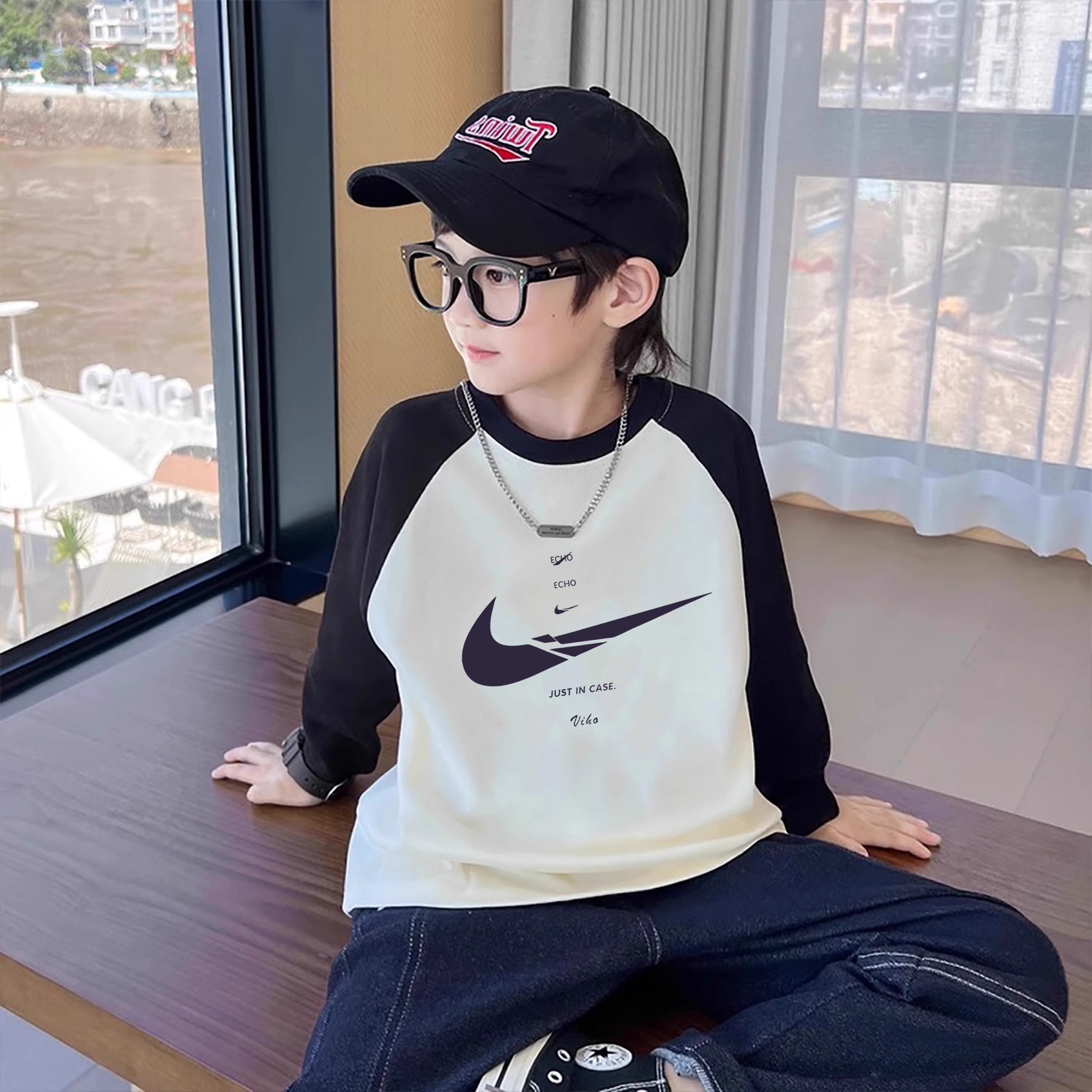 儿童黑白插肩袖纯棉男宝男童长袖t恤T恤春秋宽松内搭打底衫上衣服