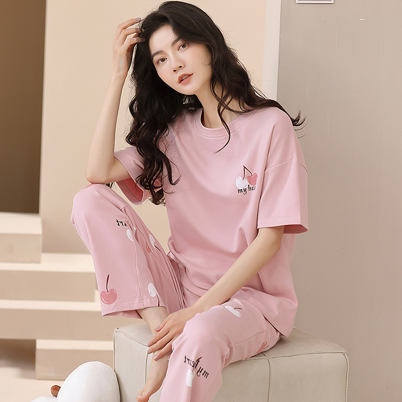 浪莎睡衣女夏款纯棉短袖长裤薄款卡通夏季可外穿全棉家居服套装