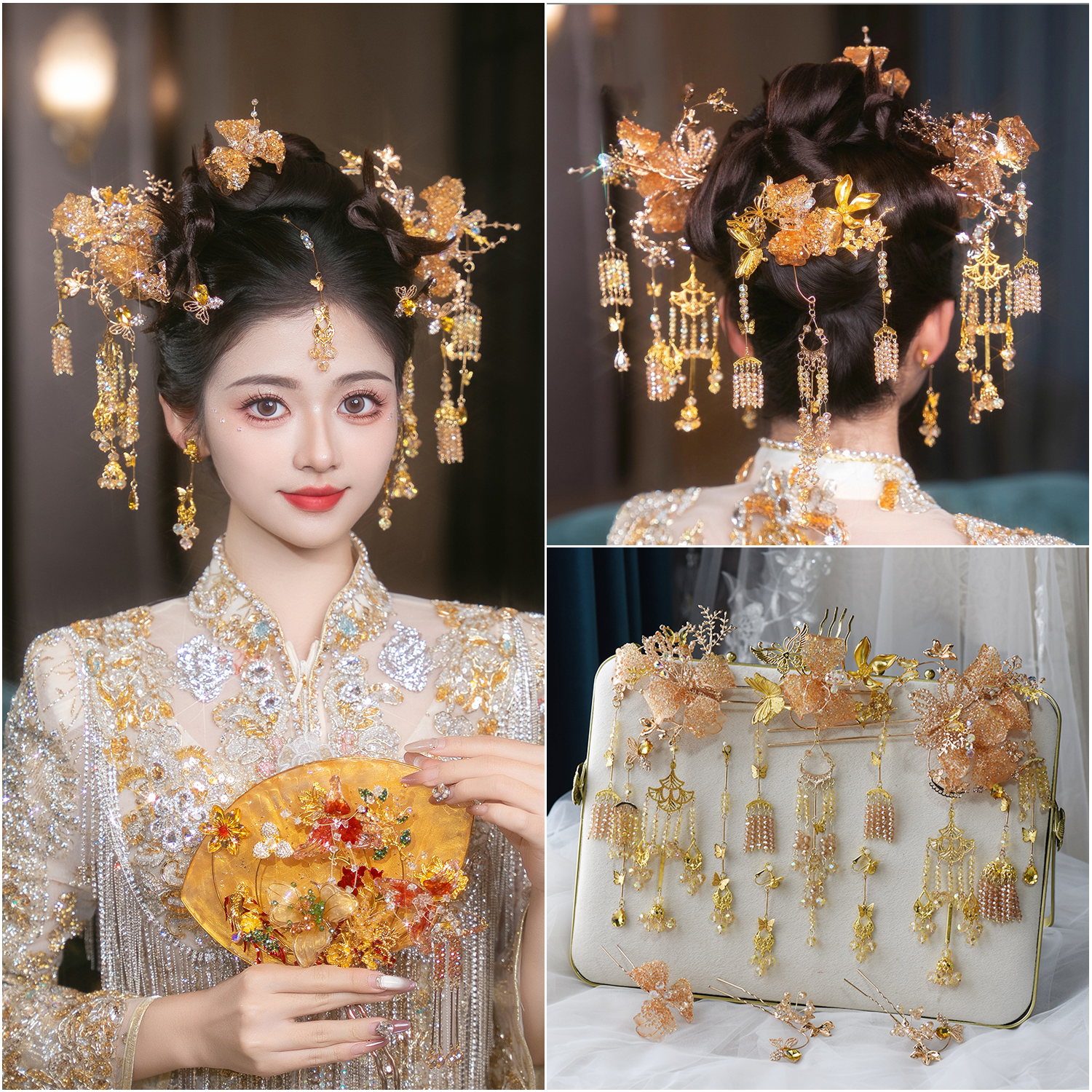 新娘头饰秀禾服减龄眉心坠甜美金色古风手工中式龙凤褂浅色发饰