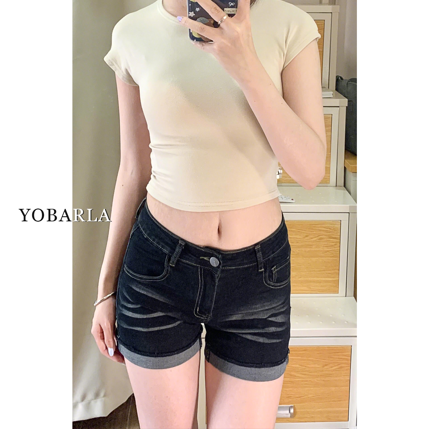 深蓝色牛仔短裤女秋冬新款梨形身材大码胖mm显瘦高腰弹力a字热裤