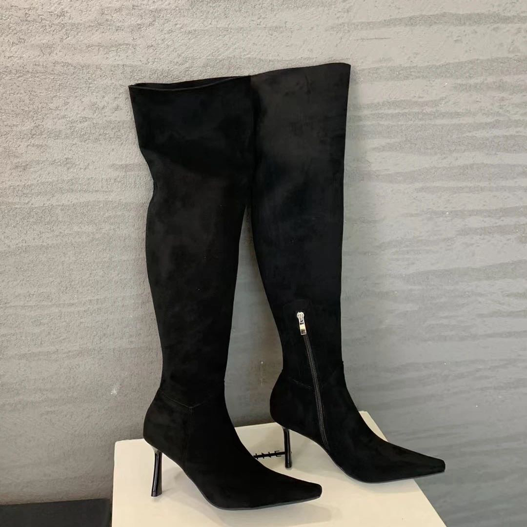 一靴多穿~2025秋冬法式小方头高跟过膝长靴气质细跟绒面高筒靴子