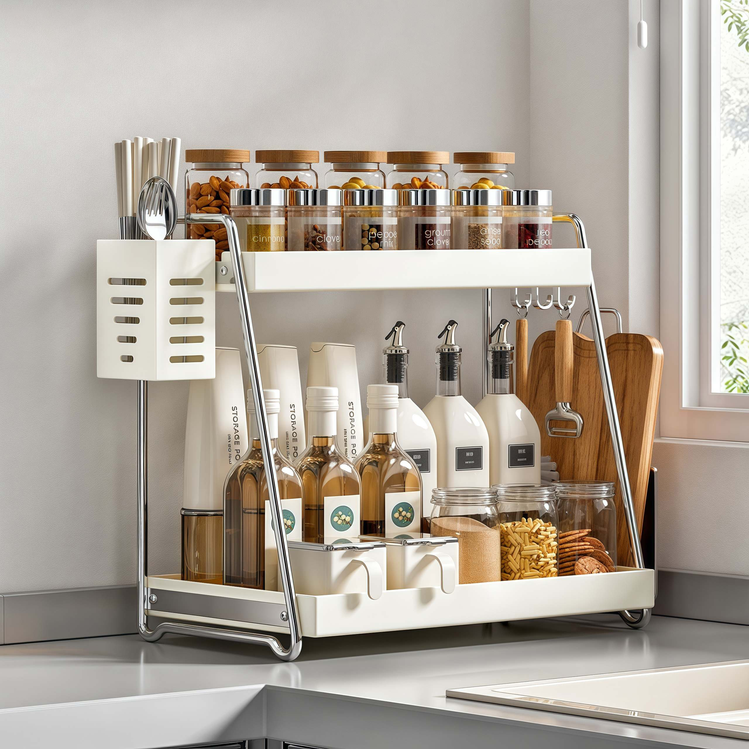 加厚不锈钢台式厨房置物架多功能双层调料架可拆卸家用筷子收纳架