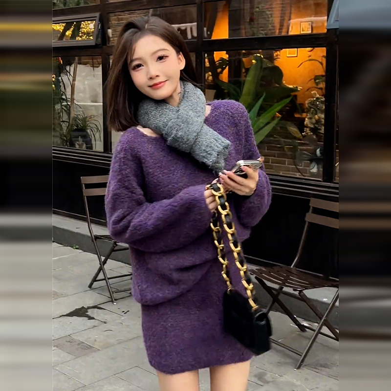 【现货+运补】紫色毛衣针织套装连衣裙子女秋冬千金高级一整套9791
