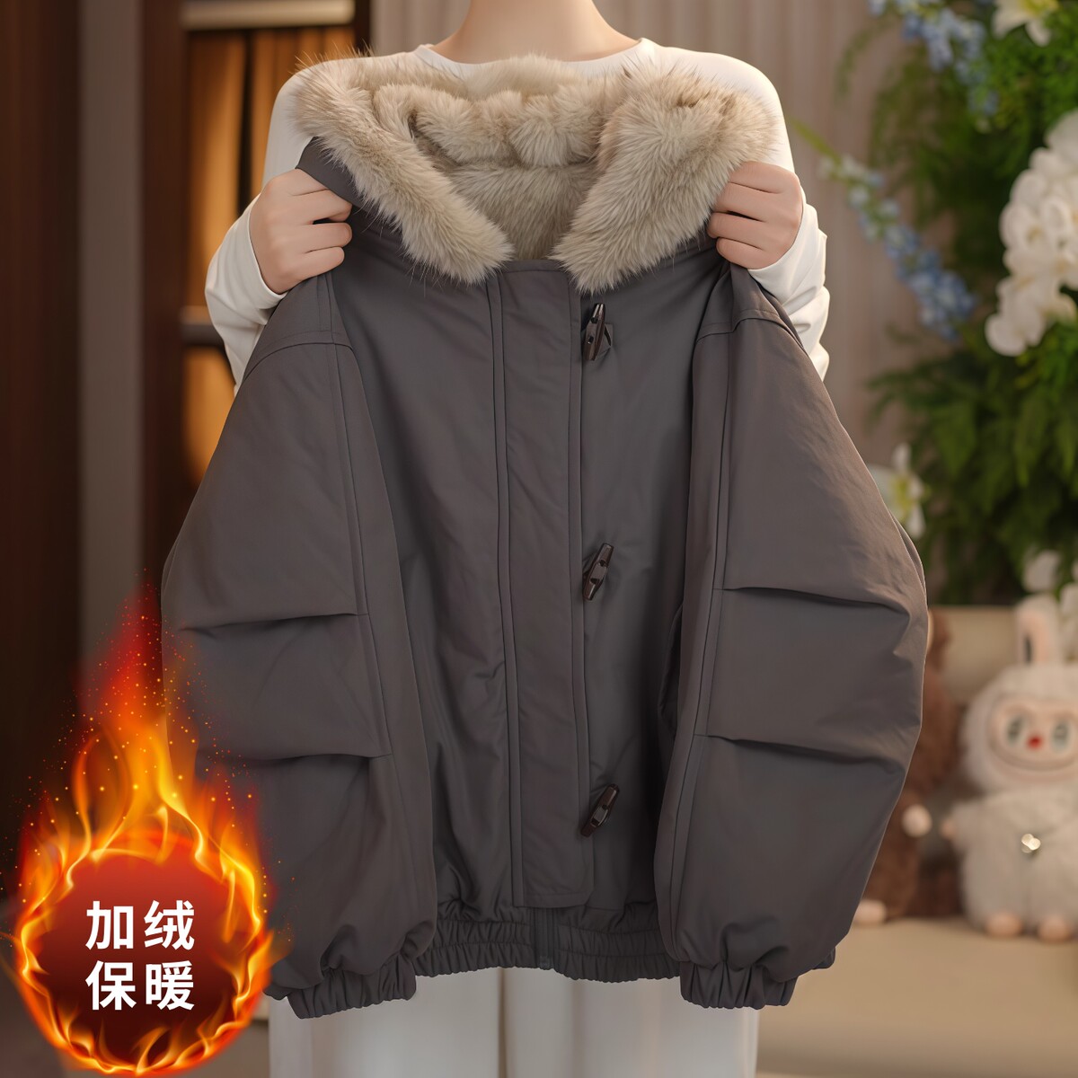 女童秋冬2025新款长绒毛加厚连帽大衣保暖冲锋棉服厚绒工装派克服