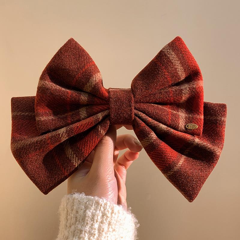 耶诞节红色蝴蝶结格子发夹女后脑勺半扎发鸭嘴夹头饰夹子新年秋冬
