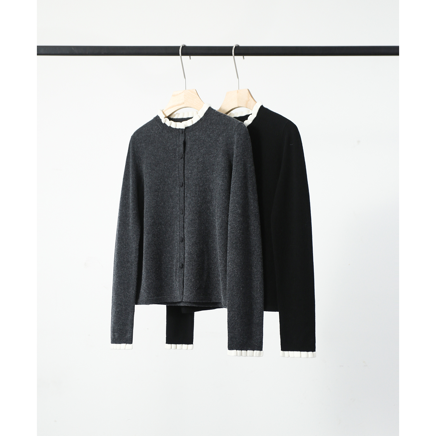 SEPT CHIC 意大利工艺羊毛羊绒撞色木耳边针织开衫S81988ZWNAG