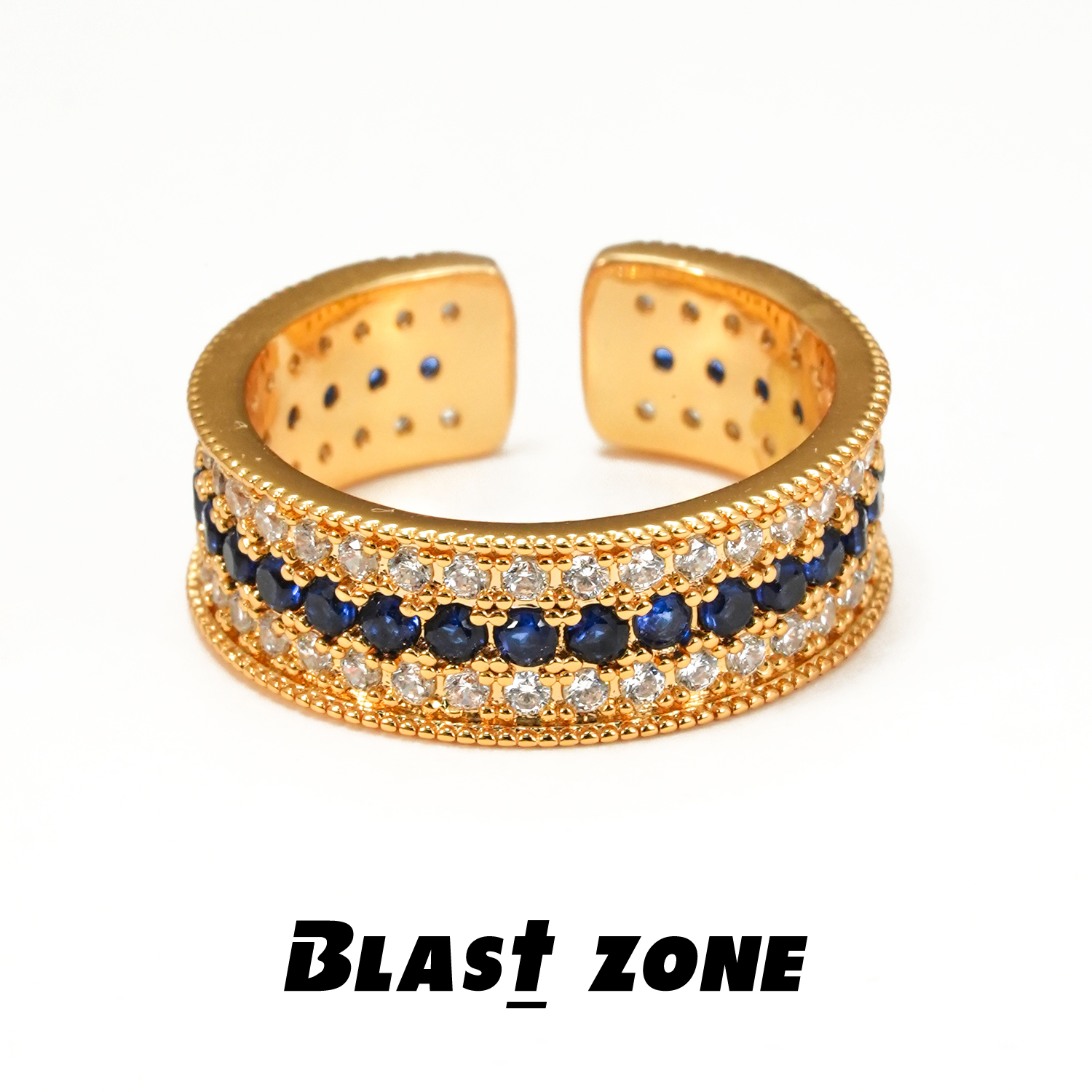 铜合金戒指 高定版 蓝宝三排微镶锆石食指戒尾戒高级感 开口调节