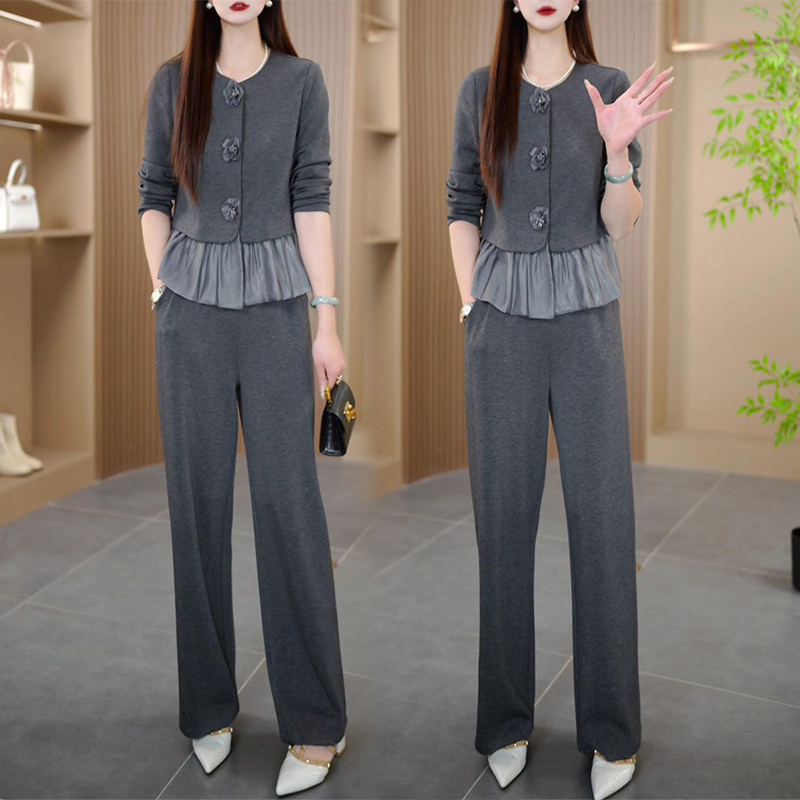 显瘦气质洋气时尚休闲女装2025春季新款长袖上衣宽松阔腿裤两件套