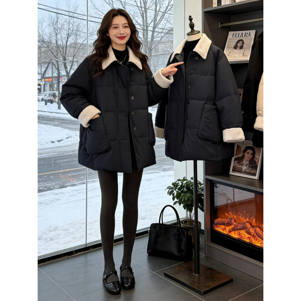黑色拼接翻领保暖时尚棉衣外套女冬季新款简约休闲风宽松显瘦棉服