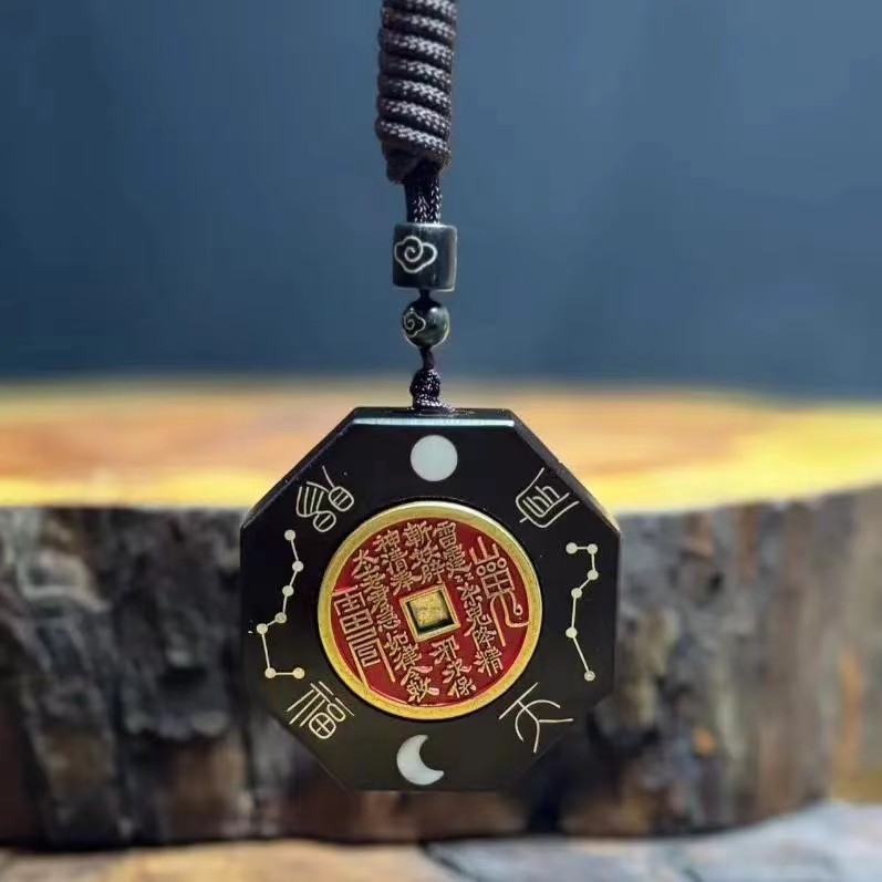 天然雷击枣木玉化山鬼花钱纯银镶嵌吊坠挂件男女配饰车挂件纯手工