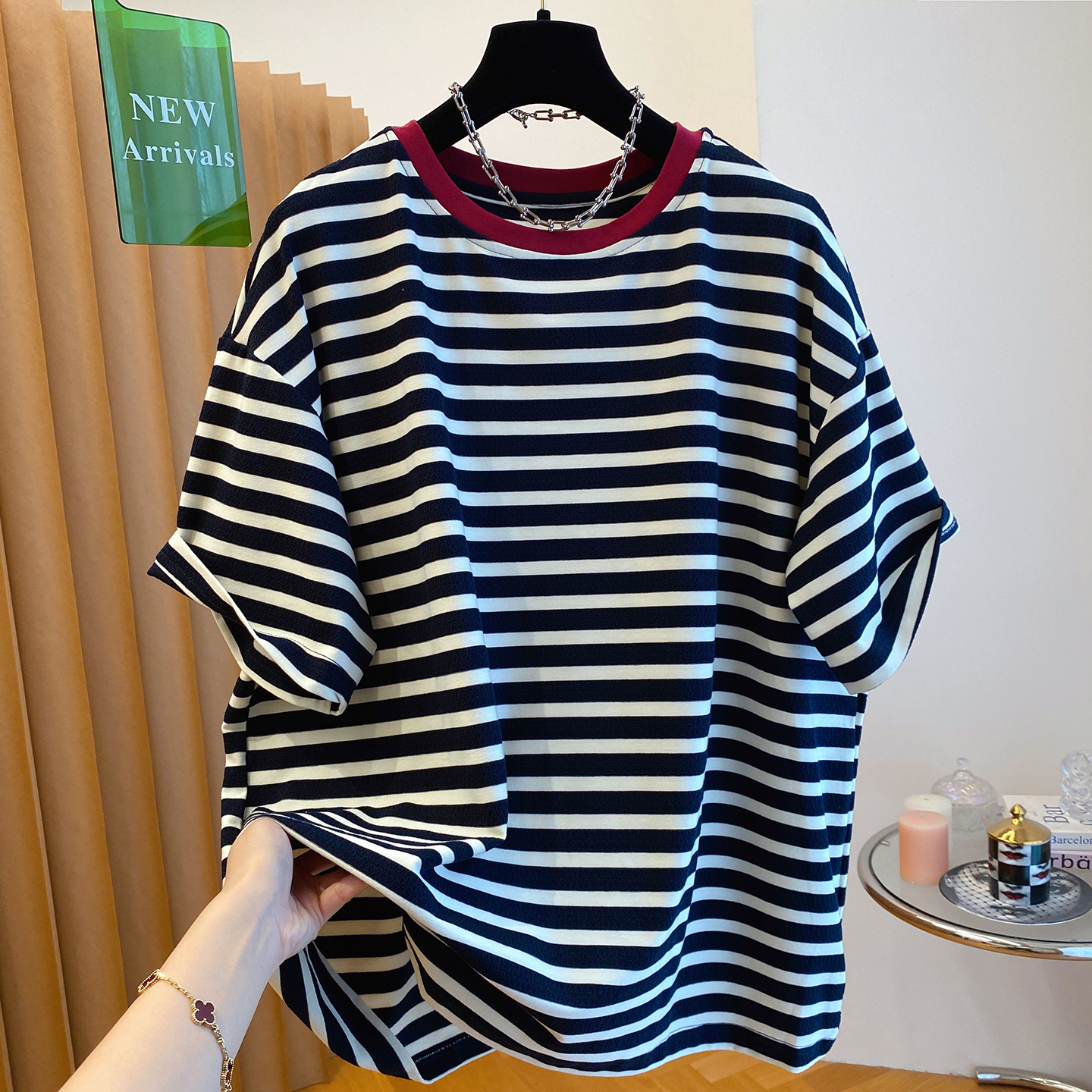 胖妹妹240斤大码时尚黑白条纹t恤女短袖2025夏季新款宽松薄款上衣