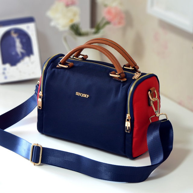 女士手提式尼龙波士顿时尚休闲肩袋牛津布单肩斜枕袋对比色拼接袋