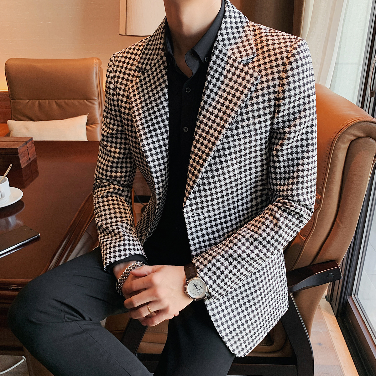 纽斯赫肯高级感格子西装外套男秋季新款时尚修身帅气商务休闲西服
