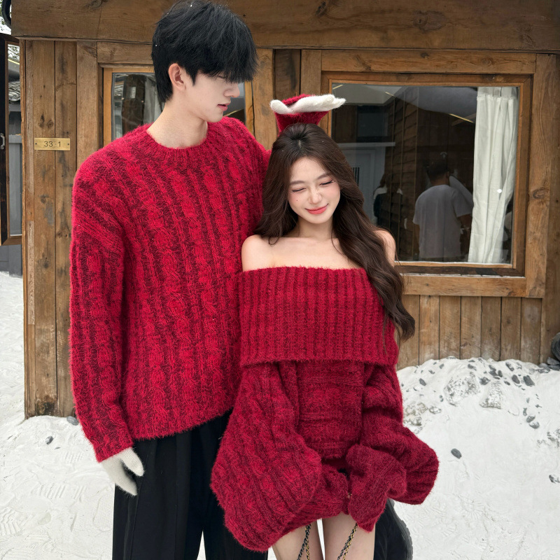 情侣装毛衣2025秋冬季氛围感新年红色辣妹装一字领两穿男女慵懒风