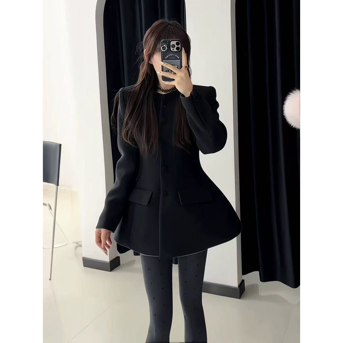 圆领直下摆毛呢外套厚款修身显瘦春季休闲纯色黑色三件套