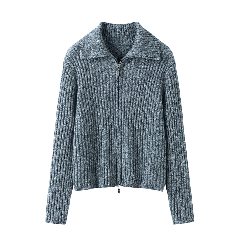 100%山羊绒女花纱坑条拉链羊绒开衫